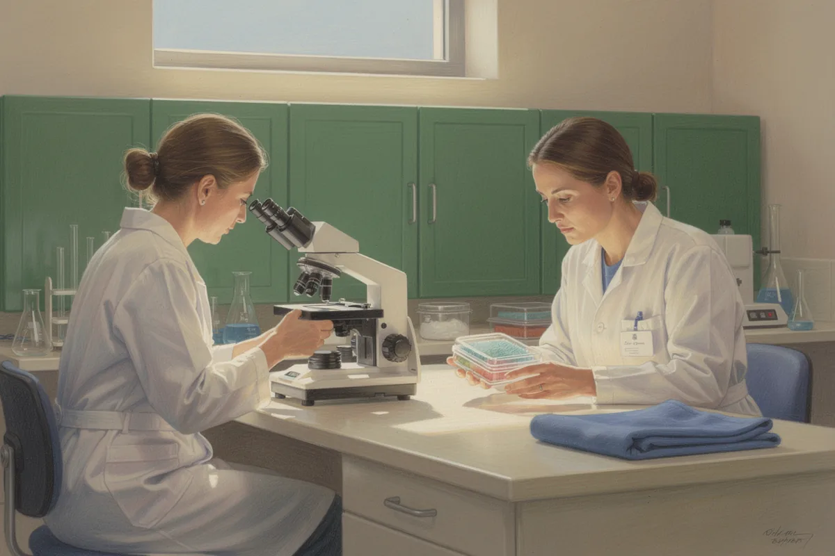 Two laboratory workers beside a cell-culture microscope and covered dishes on a cream bench