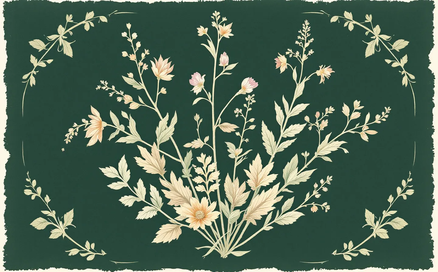 A hand-drawn pressed-herbarium plate of two abstract peptide molecular specimens — a long ribbon and a short loop — mounted under a botanical halo in faded brick and goldenrod on a deep herb-green leaf