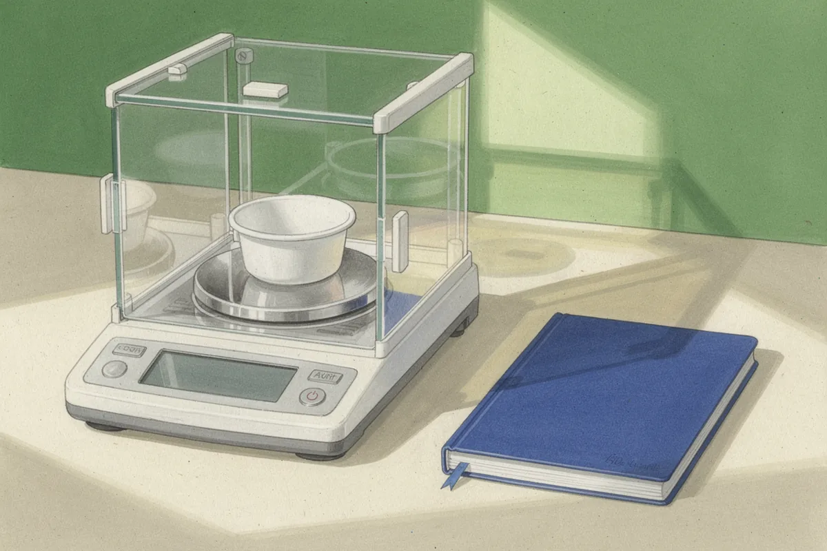 An empty weighing boat inside a laboratory balance beside a closed blue notebook