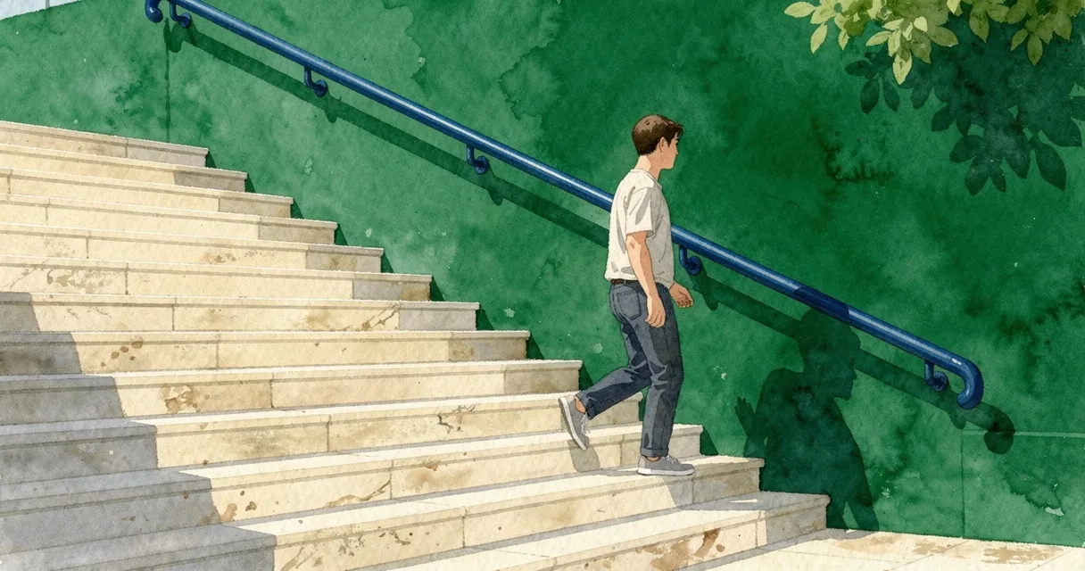 An adult on cream stone steps beside a cobalt handrail and a bottle-green wall